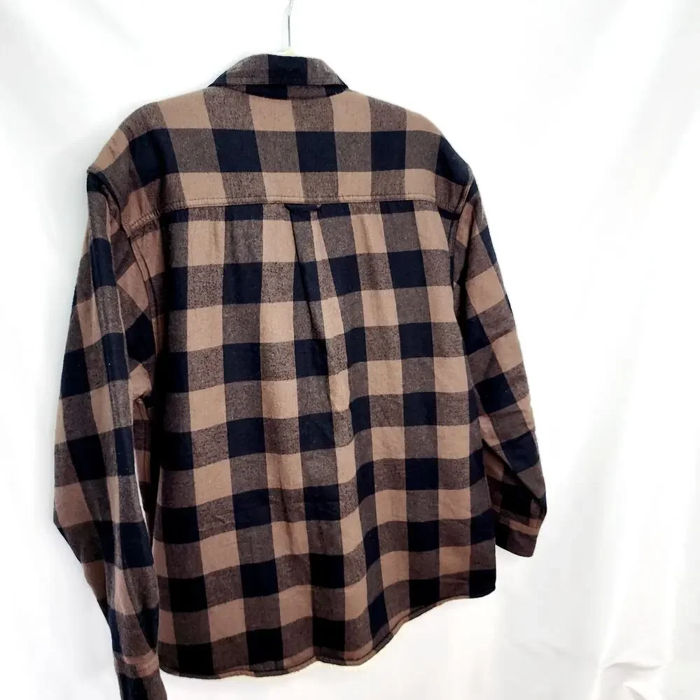 Men's Plaid Flannel Shirt Jacket Large Brown Buffalo Check Button Up Shacket